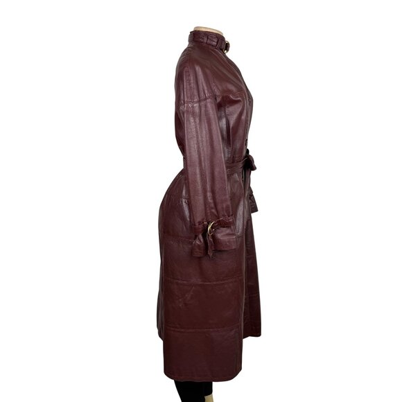 Tfc Women Maroon 100% Genuine Leather Belted Trench Coat Lined With Rayon Sz 8 - Picture 4 of 16